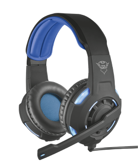 TRS-22052 - Computech-Solutions Black and blue wired gaming headset with cushioned over-ear cups and an attached microphone