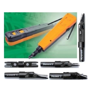 Orange utility knife with interchangeable blades and telecom-brand tips labeled Ericsson, Siemens, Lucent, Huawei.