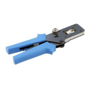 Crimping tool with blue-handled pliers for attaching connectors to cables.