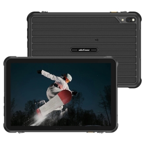 Rugged tablet with a thick protective case; front screen shows a snowboarder jumping at night.
