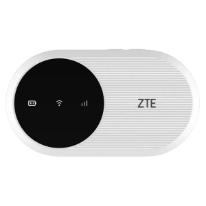 ZTE portable Wi-Fi hotspot with a circular black display showing status icons (battery, Wi‑Fi, signal)