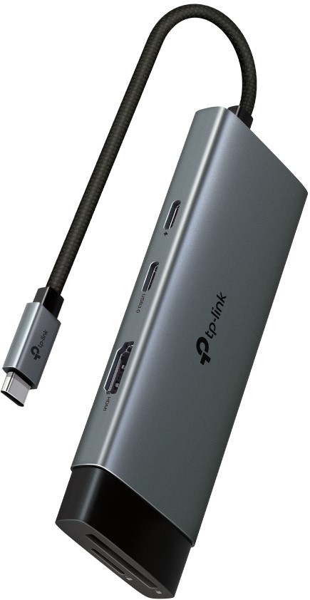 UH7020C - Computech-Solutions Silver TP-Link USB-C hub with braided cable, featuring HDMI output and multiple USB ports.