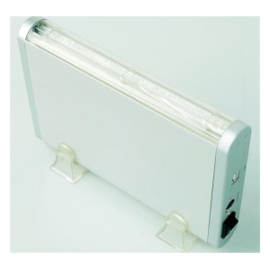 White portable desk lamp with a long fluorescent tube, supported by two clear feet, and a side control area.