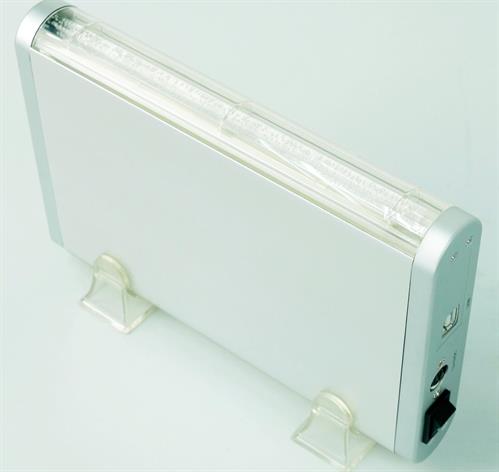 UI-35M9 - Computech-Solutions White portable desk lamp with a long fluorescent tube, supported by two clear feet, and a side control area.