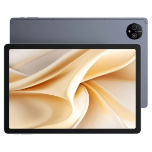 Front view of a tablet with a large display showing beige abstract wallpaper; the back has a circular AI camera module.