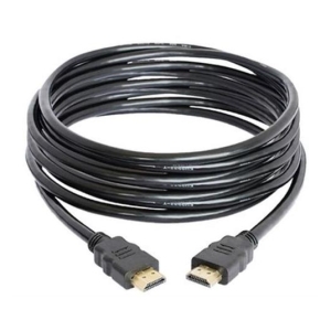 Black HDMI cable coiled, showing two HDMI connectors at each end for high-definition audio/video transmission.