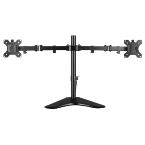 Dual-monitor mount on a pedestal stand with adjustable arms for two screens at once.