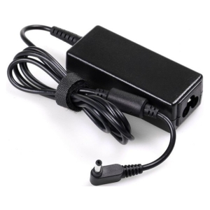 UNIQ-ASUS-NLC01 - Computech-Solutions Black AC power adapter with coiled cord and barrel plug visible on the end cap edge of the brick Charger box nearby the outlet socket area.