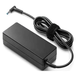 Black rectangular laptop power adapter with coiled cord and barrel connector end, used to charge a laptop