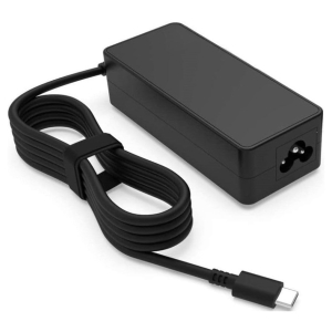 UNIQ-TC100W-BL10 - Computech-Solutions Black rectangular power adapter with a long coiled cable ending in a USB-C plug, used to charge a device.