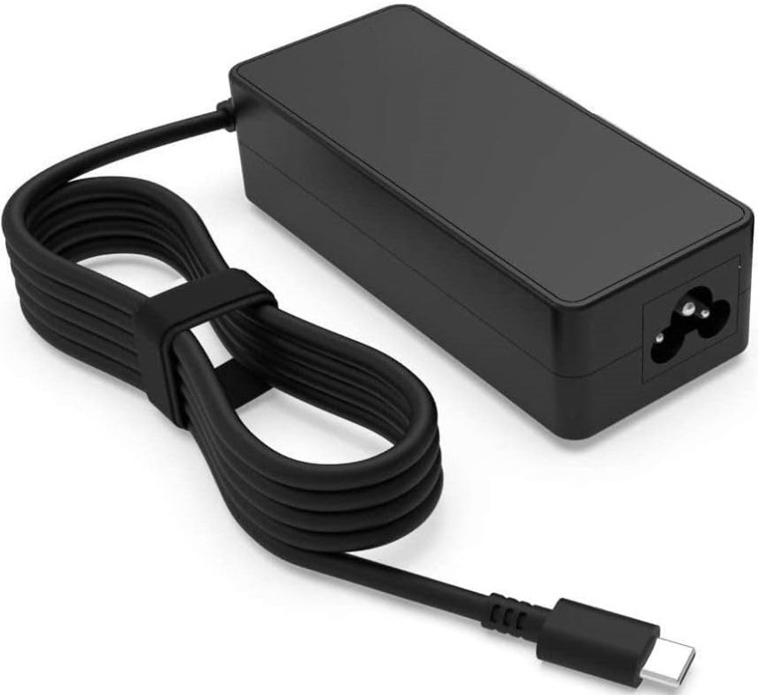 UNIQ-TC100W-BL10 - Computech-Solutions Black rectangular power adapter with a long coiled cable ending in a USB-C plug, used to charge a device.
