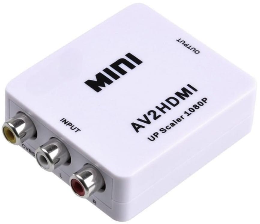 UQ-CONAV2HDMI - Computech-Solutions White AV-to-HDMI upscaler box with RCA input jacks (CVBS, L, R) labeled AV2HDMI 1080P.