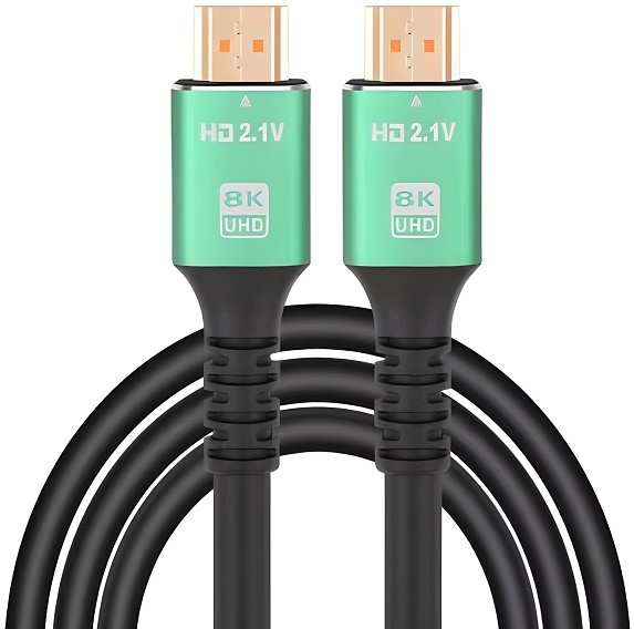 UQ-HDMIC20M-8K - Computech-Solutions Two green HDMI 2.1 connectors on a black dual-cable, labeled 8K UHD for high‑resolution video output