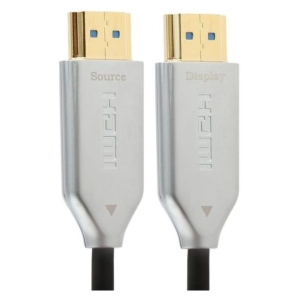 Two HDMI cables with gold-plated connectors, shown side by side, labeled Source and Display.