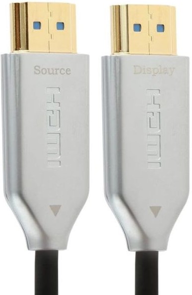 UQ-HDMIFO-10M - Computech-Solutions Two HDMI cables with gold-plated connectors, shown side by side, labeled Source and Display.