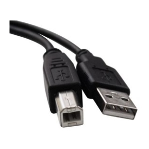 Close-up of a USB-A to Micro-USB cable with the USB-A (right) and Micro-USB (left) connectors on a black cable.