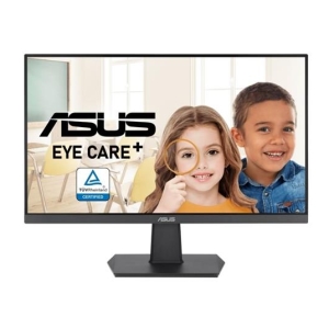 ASUS Eye Care monitor on a stand, displaying two smiling children and a TÜV Rheinland certification badge.