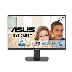 27-inch ASUS Eye Care monitor on a desk, showing two smiling children on screen and highlight features like IPS 100 Hz and 1 ms response time.