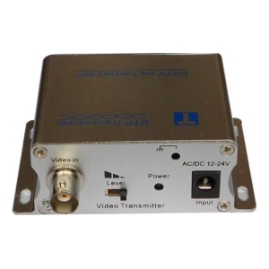 Video transmitter module with BNC input and power jack (AC/DC 12–24V); labeled Level, Power, Video In.