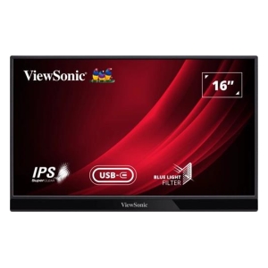 ViewSonic 16-inch monitor with a red abstract background, IPS SuperClear logo, USB-C icon, and Blue Light Filter badge.