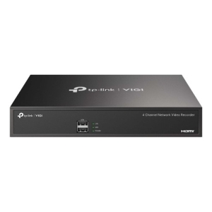 Front panel of TP-Link VIGI 4-channel network video recorder with two USB ports and status LEDs on a black chassis
