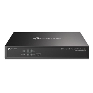 Black 8-channel PoE network video recorder (NVR) by TP-Link VIGI, front panel with status LEDs and ports visible in a rackable box.