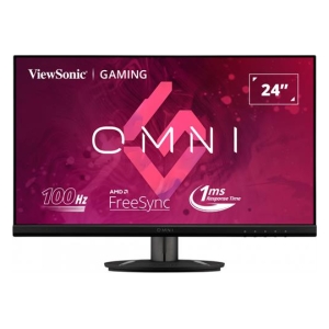 ViewSonic 24-inch gaming monitor with CMNI branding, 100 Hz, AMD FreeSync, 1 ms response time on magenta background.