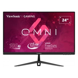ViewSonic 24-inch gaming monitor on a stand with 180 Hz and 0.5 ms response time and FreeSync Premium edge features visible on screen frame