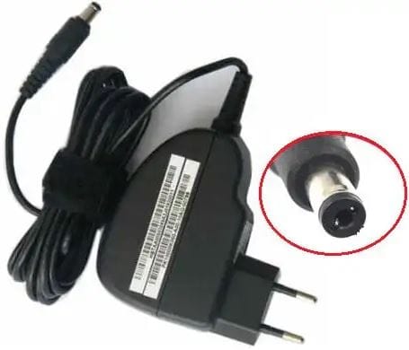 WA-30A19G - Computech-Solutions AC adapter with two-prong plug and long black cord; close-up of the cylindrical DC barrel connector.