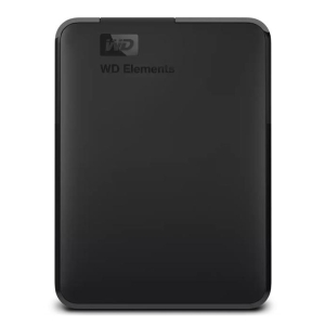 WD Elements external hard drive, black, rounded-corner USB portable storage viewed from the front
