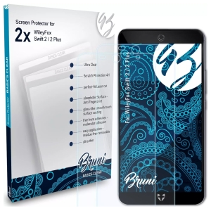 Box of Bruni screen protectors for WileyFox Swift 2/2 Plus, shown next to a smartphone with blue decorative pattern (2x pack).