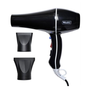 Wahl hair dryer in black with white trim, shown with two black concentrator nozzles and a coiled power cord for styling hair.