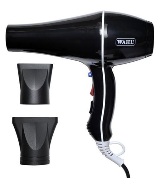 WH5439216 ComputechSolutions Wahl hair dryer in black with white trim, shown with two black concentrator nozzles and a coiled power cord for styling hair.