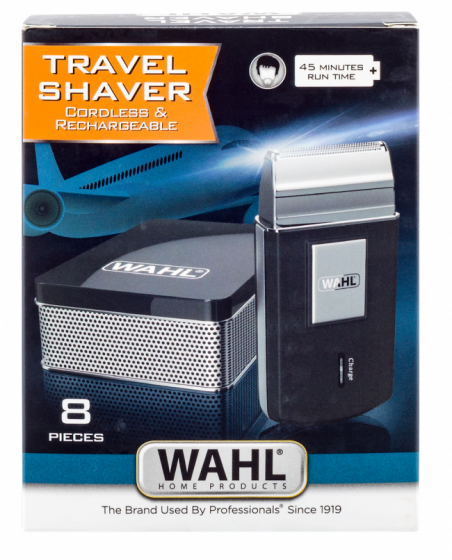WAHL Travel Shaver cordless and rechargeable; packaging shows shaver and an 8-piece set.