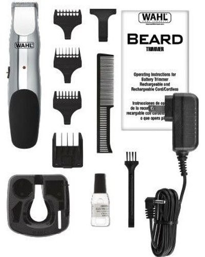 WT9916-1016 - Computech-Solutions Beard trimmer kit with cordless trimmer, multiple comb guards, stand, cleaning brush, oil, charging adapter, and user manual.