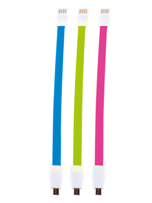 WZUSBFL3COBGP - Computech-Solutions Three USB charging cables in blue, green, and pink, with white connectors, arranged vertically by color.
