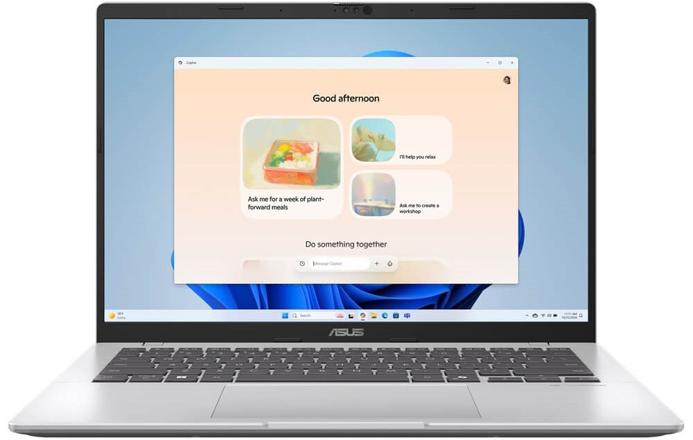 X1407CA-U516512S0W - Computech-Solutions Open ASUS laptop displaying Windows 11 desktop with a peach gradient app window that says 'Good afternoon.'