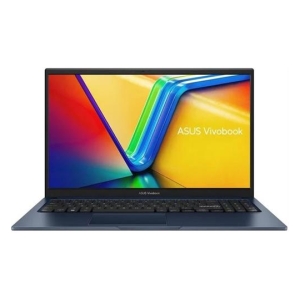 Open ASUS Vivobook laptop displaying a colorful screen; blue chassis and black keyboard, brand visible on the screen and bezel