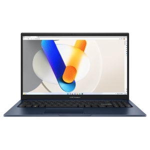 Blue ASUS Vivobook laptop open, displaying a colorful abstract wallpaper on the screen.