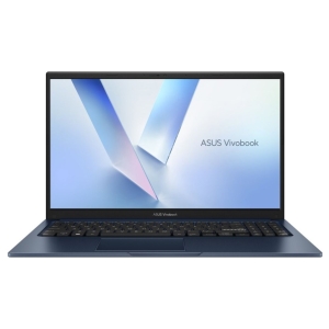 ASUS Vivobook laptop opened, showing a blue gradient wallpaper on the screen and full keyboard.