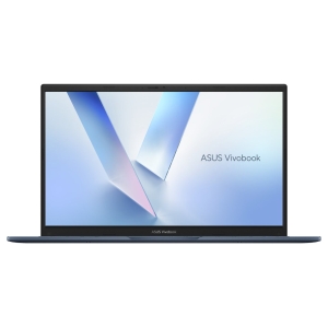 Front view of an ASUS Vivobook laptop open, showing a blue abstract wallpaper on the screen.