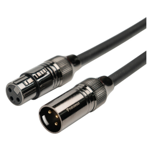 Two circular metal audio connectors with black cables, showing a male and a female 3-pin end close together