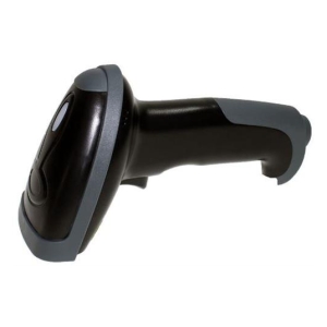 Handheld barcode scanner gun with a black body and gray accents, used at point of sale