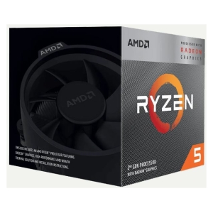Boxed AMD Ryzen 5 2nd Gen processor with Radeon Graphics, front shows the Ryzen logo and an orange corner badge, side features a cooling fan image.