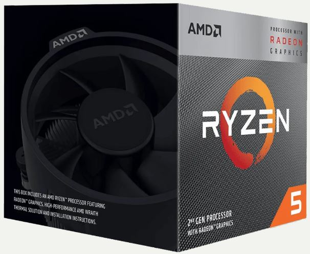 YD3400C5FHBOX - Computech-Solutions Boxed AMD Ryzen 5 2nd Gen processor with Radeon Graphics, front shows the Ryzen logo and an orange corner badge, side features a cooling fan image.