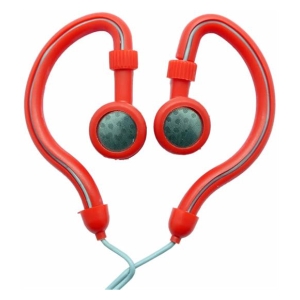 Red in-ear headphones with curved red neck arms and gray cables, front view taken from close distance.
