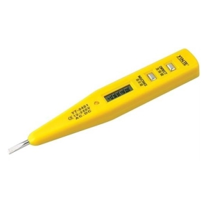 Yellow pen‑style digital multimeter/voltage tester with LCD display and two buttons