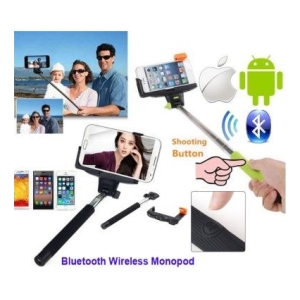 Collage of smartphone selfie stick accessories, showing a Bluetooth monopod, mounting clamps, and a shooting button for taking photos. Also includes phone logos and Bluetooth icons to indicate wireless use and compatibility with iOS and Android.