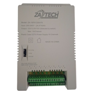ZA Tech plastic-case CCTV power supply, 16-channel model, input 200–240V~, outputs 12V/1A per channel via green terminal block; labeled switches and MADE IN CHINA.