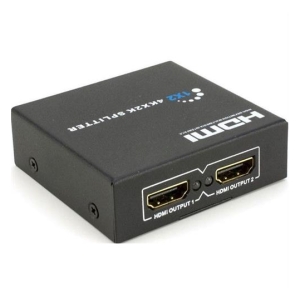 Black 1x2 HDMI splitter box with two HDMI output ports labeled HDMI Output 1 and HDMI Output 2.